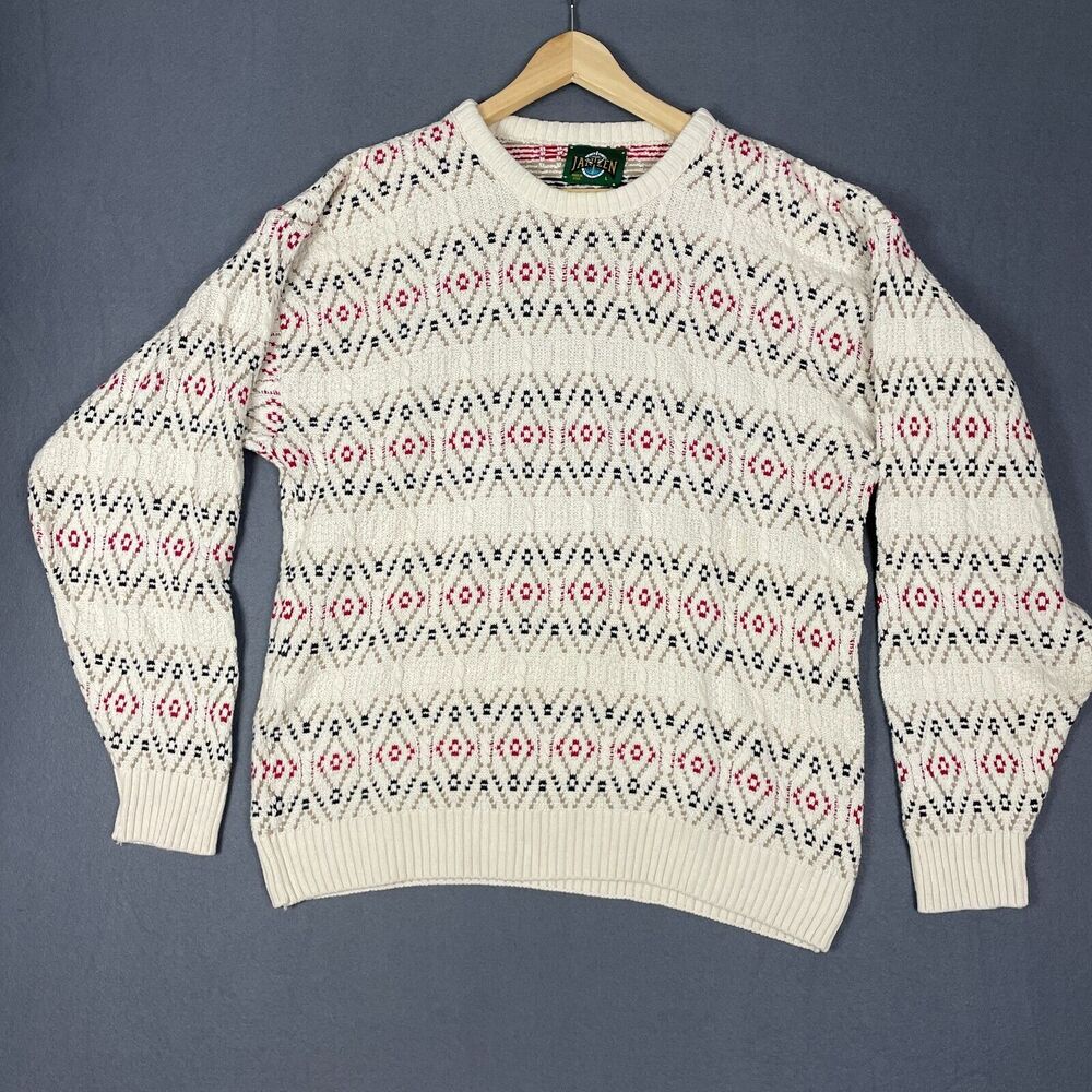 Jantzen Sweater Men's L Ivory Multi Fair Isle Chunky Knit Long Sleeve Pullover